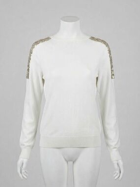 White Crewneck Sweater with Gold Sequin Shoulder Trim